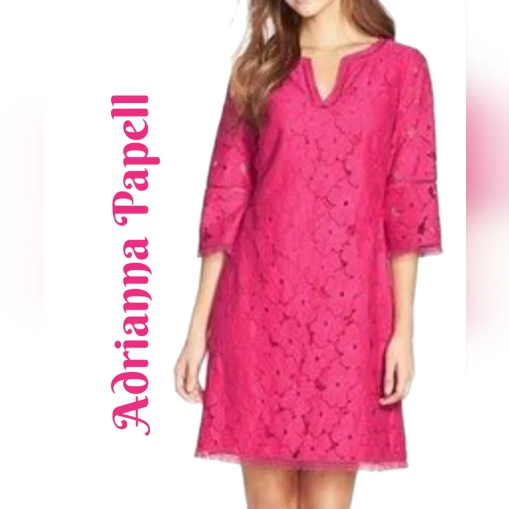 Adrianna Papell Pink Flower All Over Lace Lined Exposed Zipper Dress Sz 6P